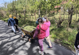 Dzieci ciagną wózek z sianem.