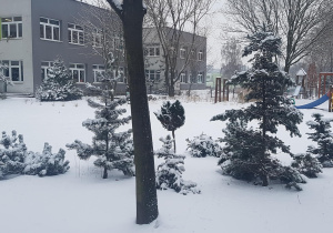 Ogród przedszkolny pokryty śniegiem.