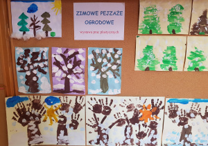 Prace plastyczne dzieci przedstawiające drzewa w ogrodzie.