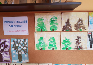 Prace plastyczne dzieci przedstawiające drzewa w ogrodzie.