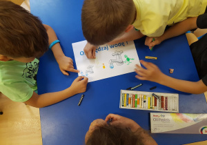 Dzieci przygotowują kolorowe ulotki na temat oszczędzania wody.