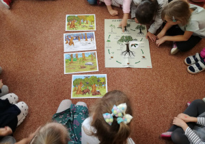 Dzieci siedzą na dywanie i oglądają ilustracje przedstawiające drzewa.
