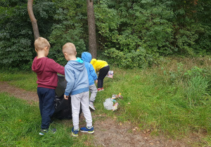 Grupa chłopców zbiera śmieci porożżucane na trawie. Dwóch chłopców trzyma worek, pozostali wrzucajado niego śmieci.