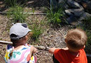 Dzieci przyglądają się roślinom w ogrodzie.