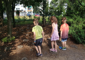 Grupa dzieci bawi się w ogrodzie w Leśnym labiryncie.