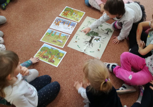 Dzieci siedzą na dywanie i oglądają ilustracje przedstawiające drzewa.